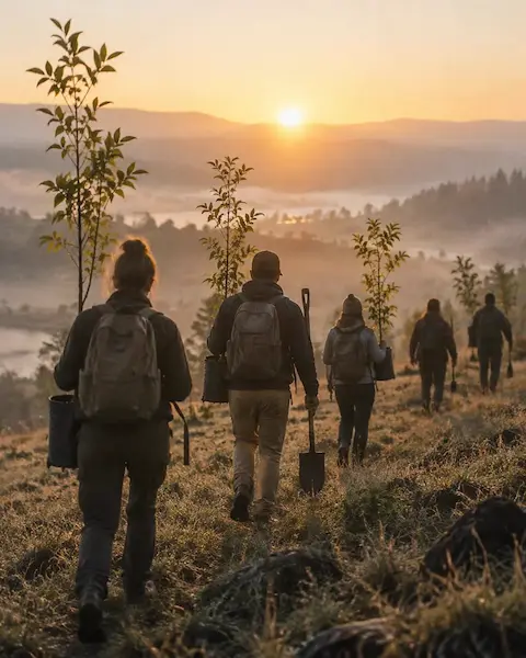 Volunteers taking action outdoors